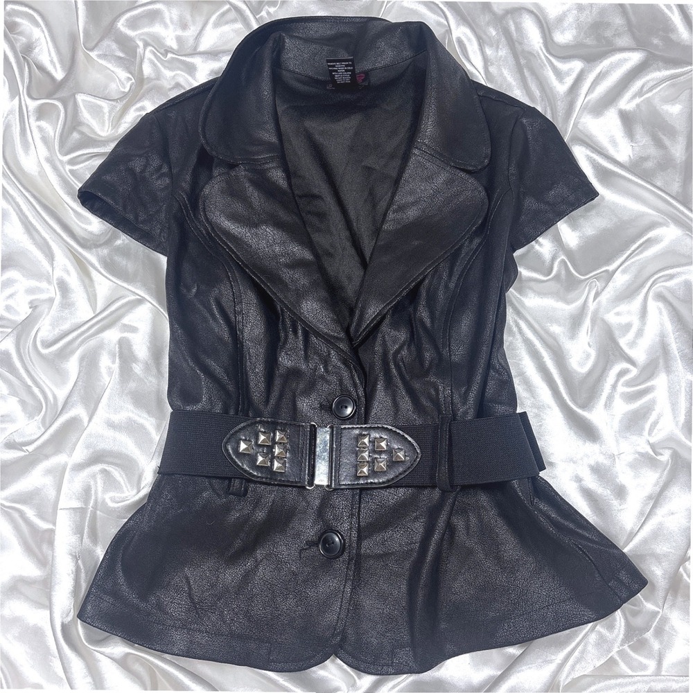 y2k Faux Leather Jacket Black Excellent Studded Belt Short Sleeve Flirtatious L